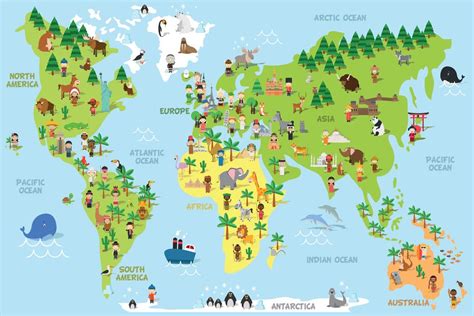 Laminated Cartoon World Map Children Animals Monuments Educational Sign