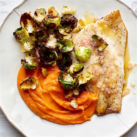 Barramundi Fillets With Roasted Sweet Potatoes And Brussels Sprout