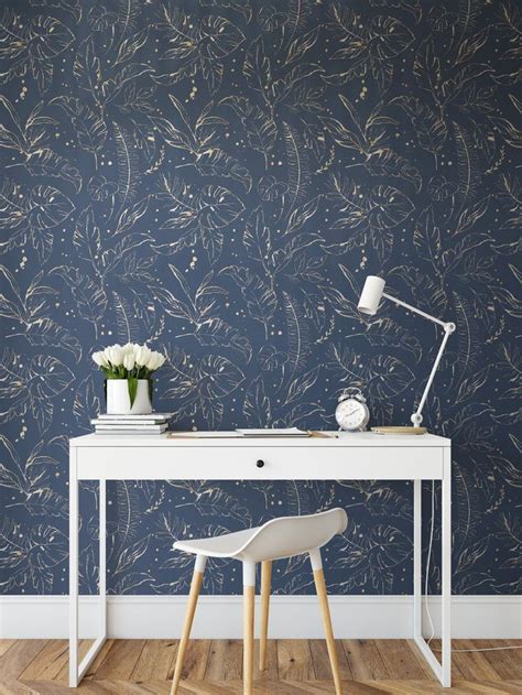 Peel And Stick Wallpaper Tile Blue Floral Self Adhesive Etsy Gold