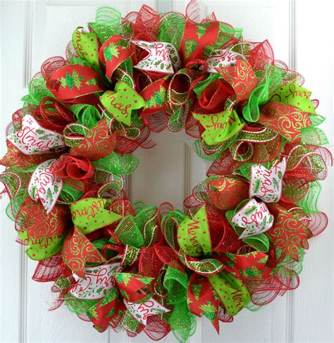 Red And Lime Green Traditional Mesh Christmas Front Door Wreath