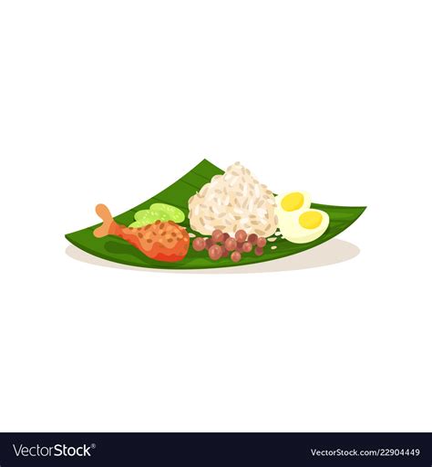Malaysian Nasi Lemak On Green Leaf Rice Royalty Free Vector