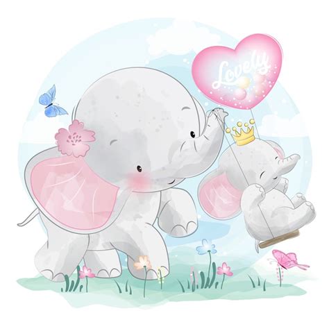 Lindo Elefante Madre Y Bebé Vector Premium