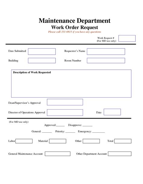 This form is designed for the building owner to keep a log of all the maintenance that was required to do at different times. work request form | Maintenance Work Order Request Form ...