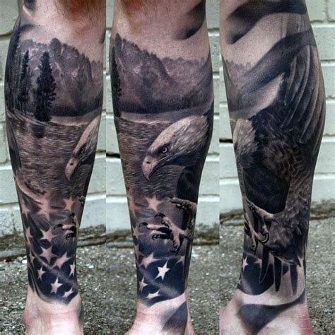 Bald Eagle On A Lake With Stars Tattoo Mens Lower Legs Military Sleeve