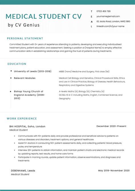 Medical Student Cv Example And Skills Free Download