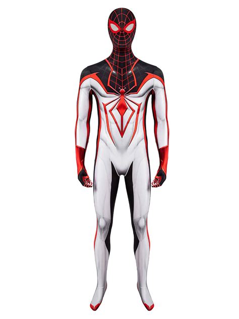 Men Spiderman Costume Miles Morales Track White Superheros Lycra