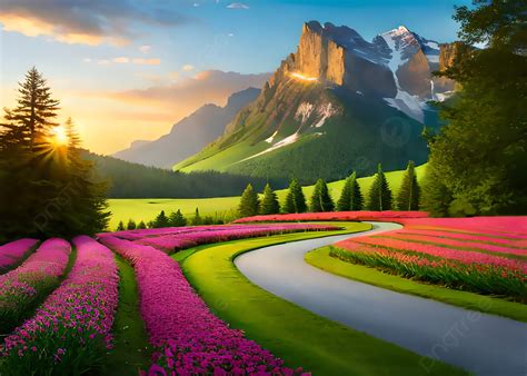 Beautiful Sunset In Mountains Garden Spring Background Wallpaper Free