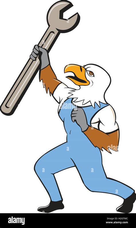 Illustration Of A Mechanic American Bald Eagle Holding Spanner Standing