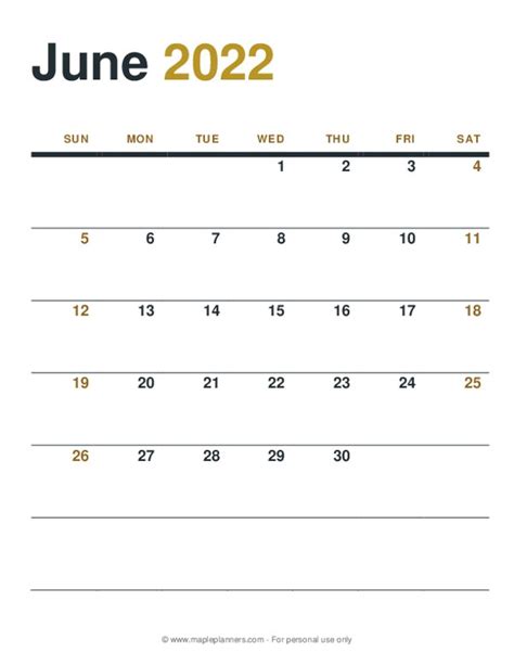 June 2022 Monthly Calendar Template Free Printables