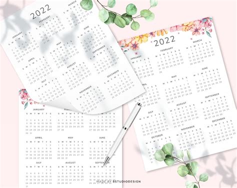 2022 Year Calendar Printable Yearly Wall Calendar Desk Etsy