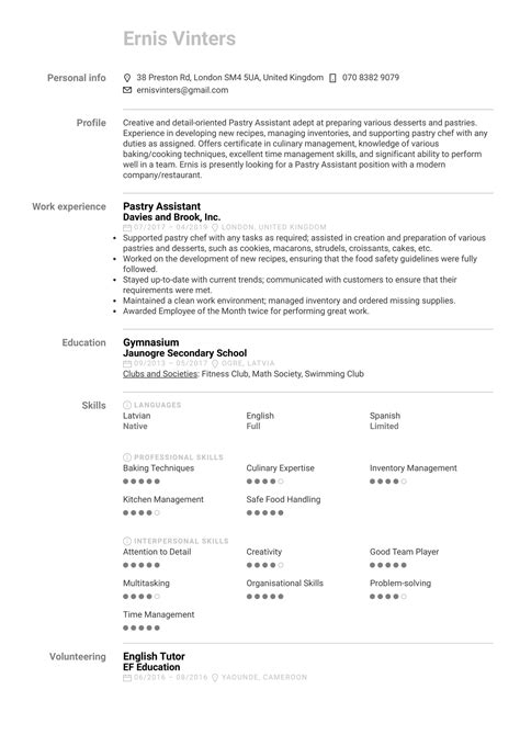 Resume Format For Pastry Chef