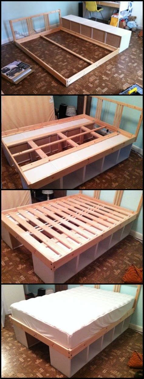 Check out this diy platform bed with storage cubbyholes. Using bookcases as a bed frame is one easy way to build a ...