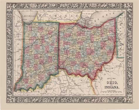 Ohio And Indiana Vintage Map Circa 1860 Etsy