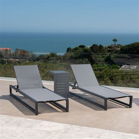 Outdoor 3 Piece Gray Mesh Rust Proof Aluminum Frame Chaise Lounge Set