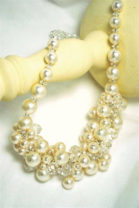 Bridal Necklace Ivory Pearl Crystal Cluster By Sidneyannjewelry