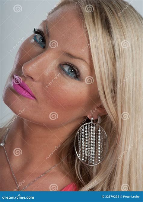 Pink Lipstick Blue Eyes And Blonde Hair Stock Photo Image Of Woman