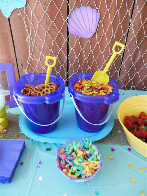 Ocean Party Snacks Out Of A Sand Pail Ariel Birthday Party Birthday