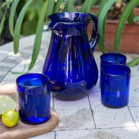 Glass Pitcher Cobalt Charm Blue Handcrafted Handblown Recycled