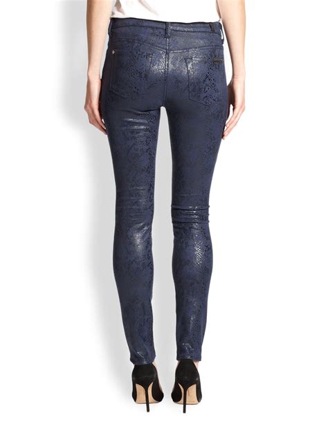 Lyst 7 For All Mankind Coated Snake Print Skinny Jeans In Blue