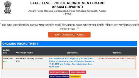 Slprb Assam Police Si Admit Card Live Link Sub Inspector Ub