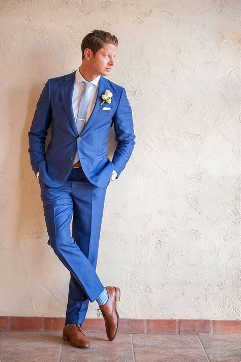 Men's navy blazer, blue dress shirt, navy dress pants, brown leather derby shoes. Blue suit wedding, Wedding suits men blue, Groom blue suit