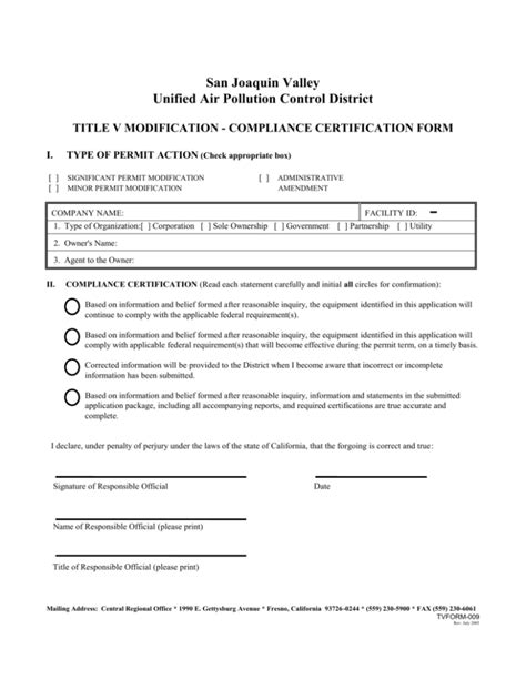 Title V Compliance Certification Form San Joaquin Valley Air Pollution