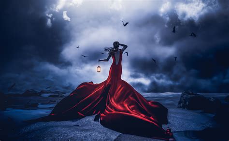 Lost In Night Girl Red Dress With Lantern Hd Fantasy
