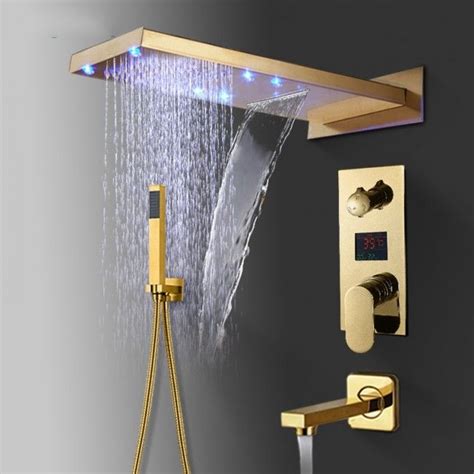Juno Gold Finish Led Rain Waterfall Bathroom Faucet Shower Head With Handheld Shower Bathroom