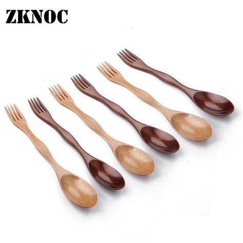 Zknoc 6pc Double Head Wooden Fork Spoon Tableware Eco
