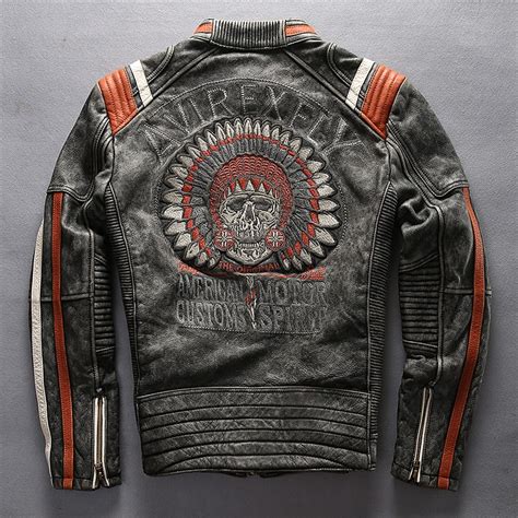 Avirex Fly Vintage Skull Genuine Leather Motorcycle Jacket Men Slim Fit
