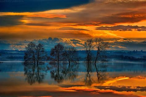 Landscape Sunset Sky Clouds Lake Trees Reflection Greece Wallpaper