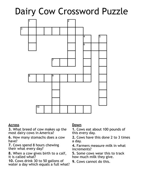 Dairy Cow Crossword Puzzle Wordmint