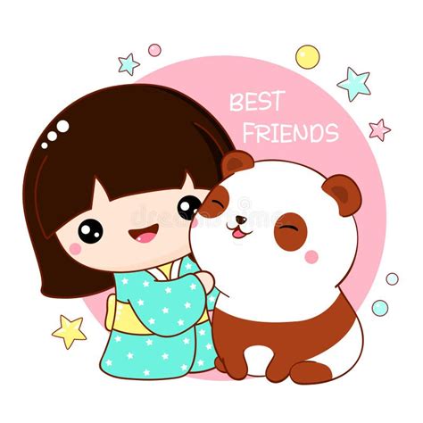 Cute Little Girl Hugging A Panda Inscription Best Friends Friends
