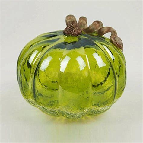 Glitzhome 709 Handblown Green Crackle Glass Pumpkin With Golden Stem