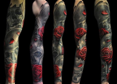 The black rose tattoo is a rare and quite different art work. black and red full sleeve rose tattoo - Design of ...