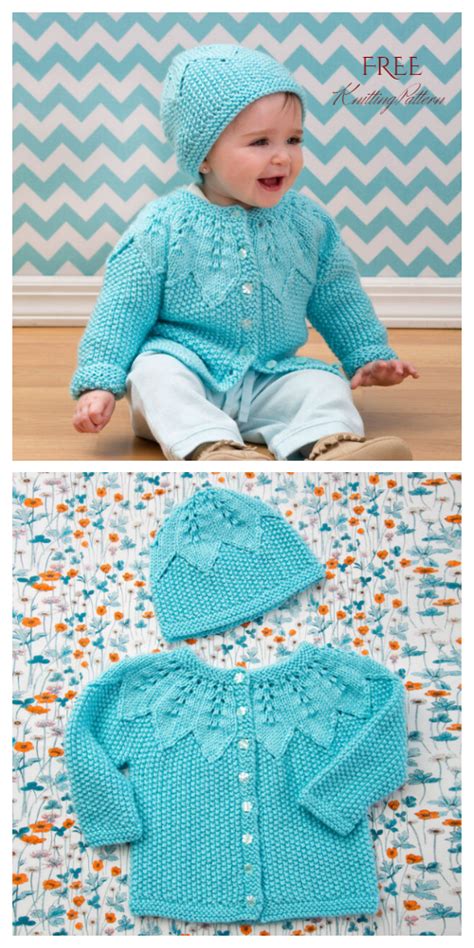 Do you hear the sound of tiny fee. Knit Baby Leaf Cardigan Hat Set Free Knitting Patterns ...