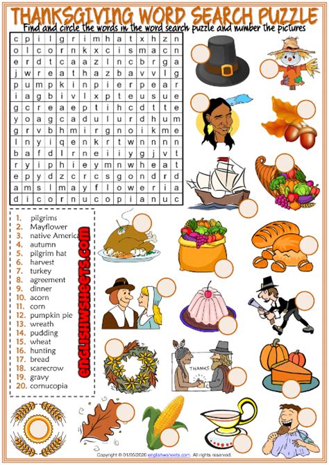 Thanksgiving Esl Printable Word Search Puzzle Worksheet For Kids