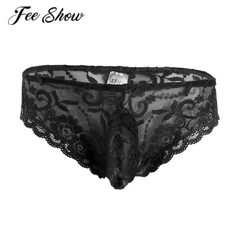 Men Lingerie Lace Floral Bulge Pouch Low Rise Bikini Briefs Underwear Mens Lingerie Semi See