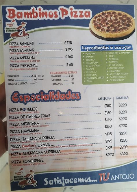 menu at bambino s pizza sucursal palenque restaurant nogales av de los maestros 221
