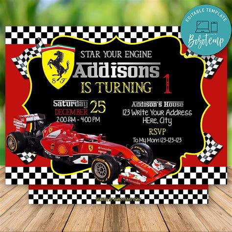 Editable Ferrari Racing Car Birthday Invitation Instant Download Bobotemp