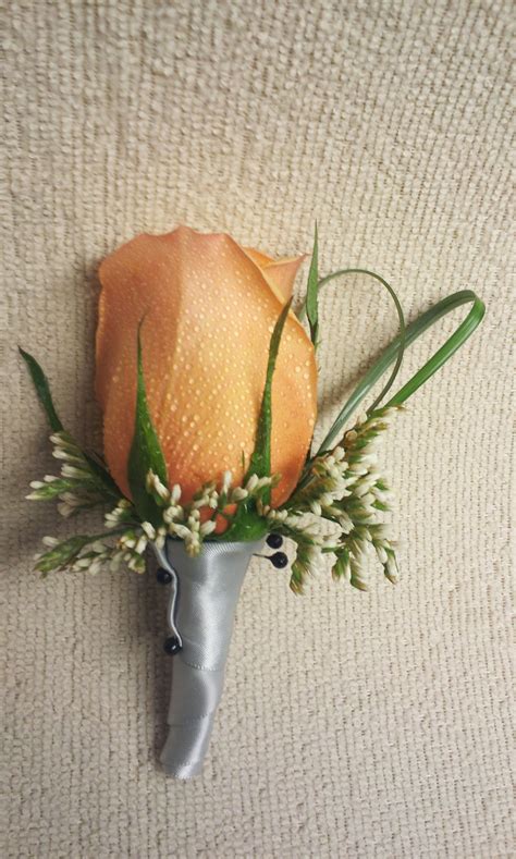 Orange Single Rose Boutonniere With Silver Ribbon Rose Boutonniere