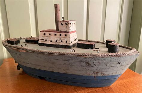 Antique Hand Crafted Folk Art Wooden Tug Boat Model Ship Unbranded Rc