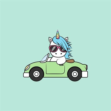 Simpatico Cartone Animato Auto Guida Unicorno Vettore Premium