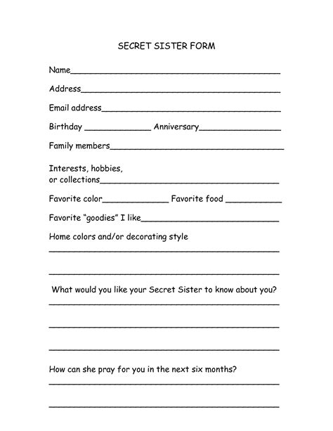 printable secret sister questionnaire form printable form templates