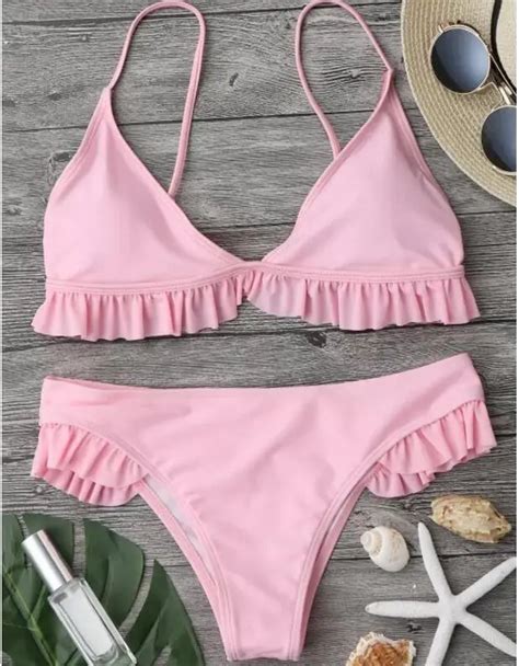 Verzy 2018 Sweet Light Pink Solid Swimwear Female Bikinis Low Waist Padded Summer Bathing Suit