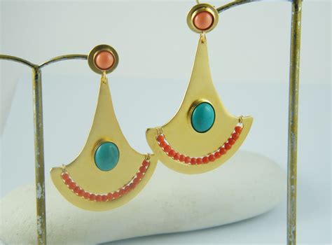 Coral Turquoise Earrings Gold Dangle Earrings Ancient Egyptian Jewelry