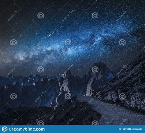 Milky Way Over Mountain Path To Tre Cime Dolomites Stock Photo Image