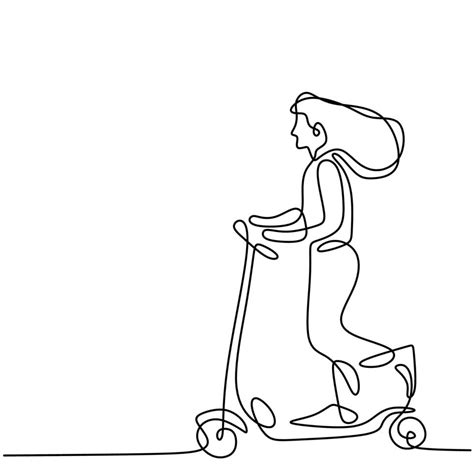 Continuous One Line Drawing Of Young Woman Rides An Electric Scooter