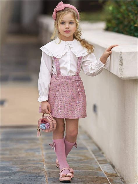 Girls White Blouse With Pink Overall Skirt Set Dresses Kids Girl