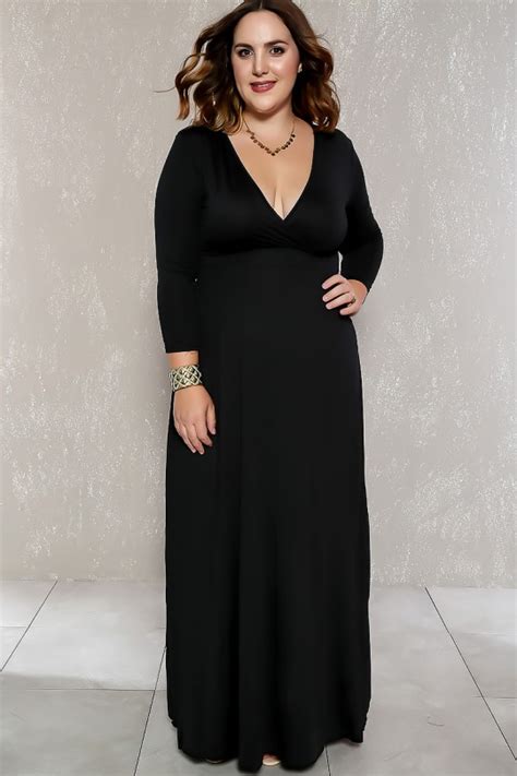 Sexy Black Plunging Long Sleeve Formal Plus Size Dress